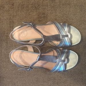 Gray, gold, and bronze wedge sandals